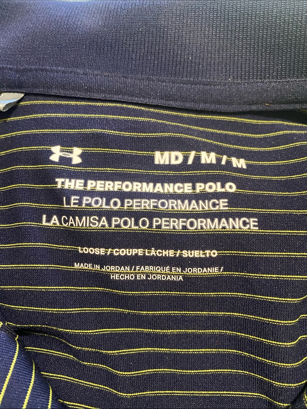 Under Armour Men’s Navy Striped Polo with Yellow Logo University of MI Sz Med - Picture 3 of 4